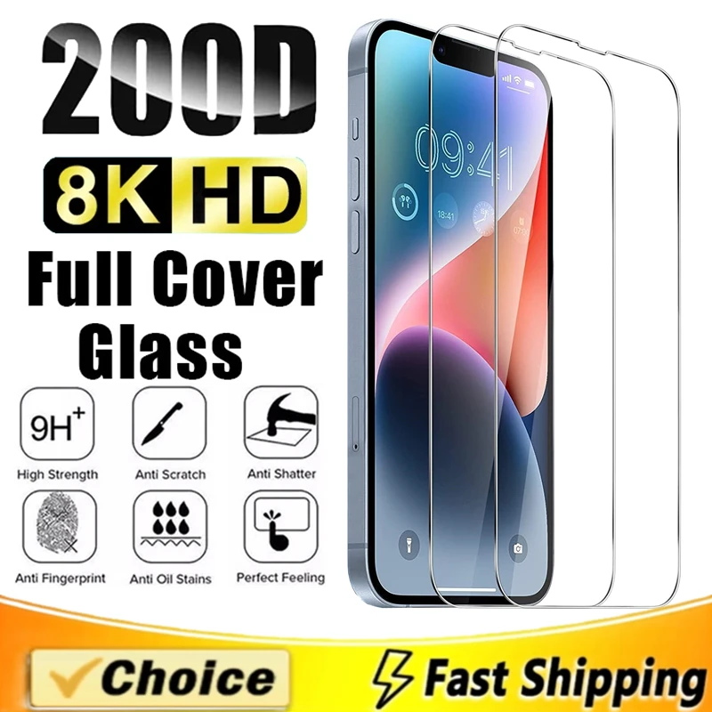 

2pcs Tempered Glass for iPhone 15 14 13 12 11 Pro XR X XS Max Screen Protector for iPhone 14 12 Pro Max Mini 7 8 Plus SE Glass