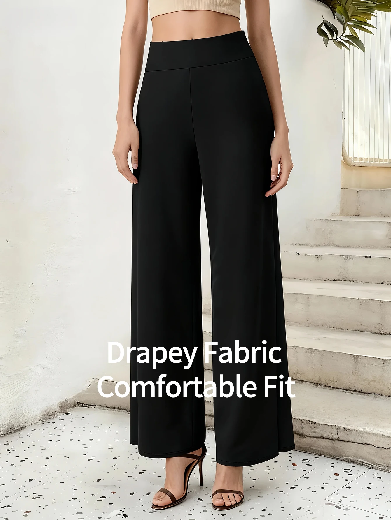 

High-Waisted Elastic Wide-Leg Pants for Women Full-Length Casual Comfortable Draped Soft Daily Wear Slim-Fit Trousers