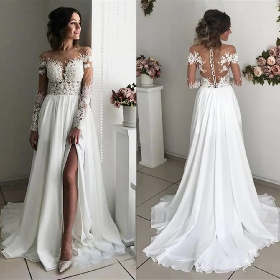 Lace Slit Wedding Dress 2023 Long Sleeves A-line Split Chiffon Dubai Arabic Simple Boho Long Vestido De Noiva Bridal Dresses