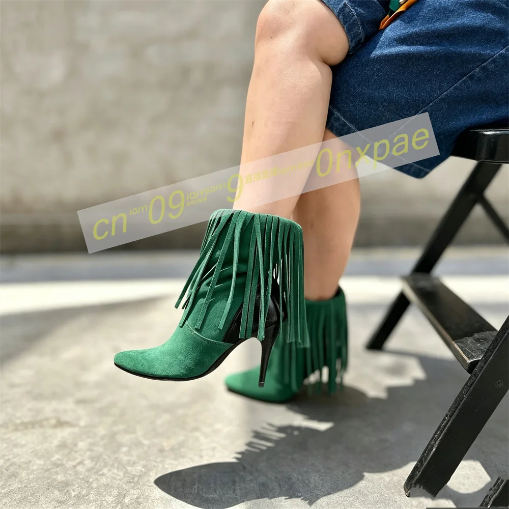 Women Fringe Ankle Boots Pointed Toe Stiletto Heel Shoes Green Suede Tassel Detail Fashion Western Autumn Winter Party Footwear