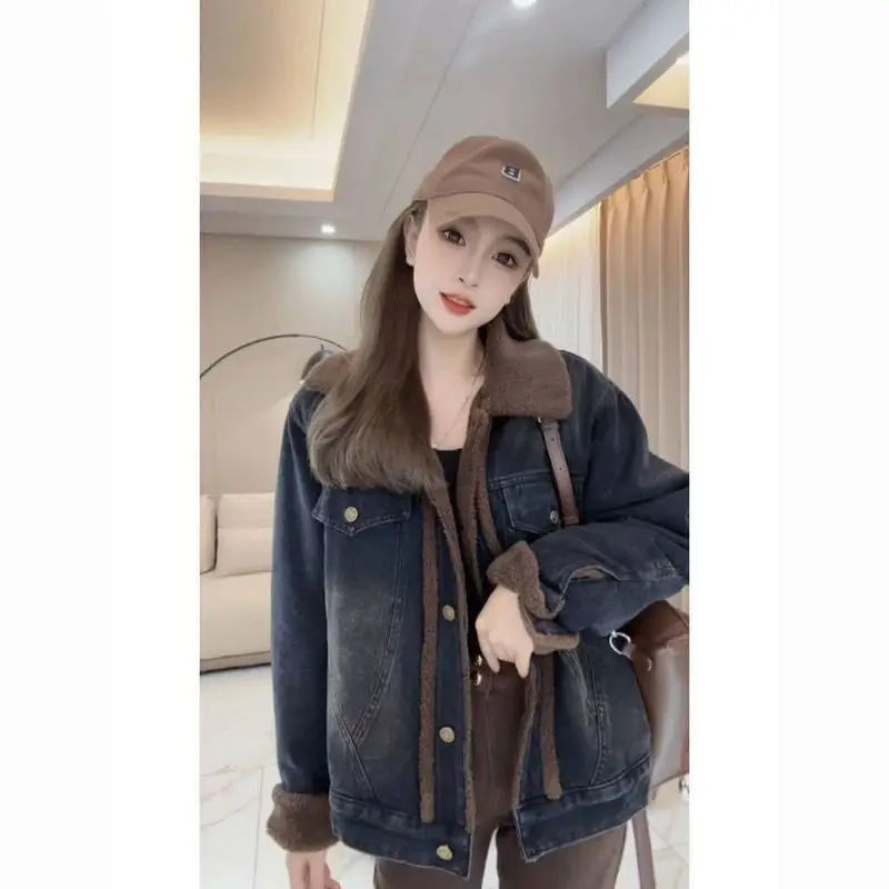 

Denim Coats For Woman Lapel Long Pink Sleeve Jackets Female Fur Plush Womens Fall Slimming Ultra-Light Cropped Feminine Daily OL