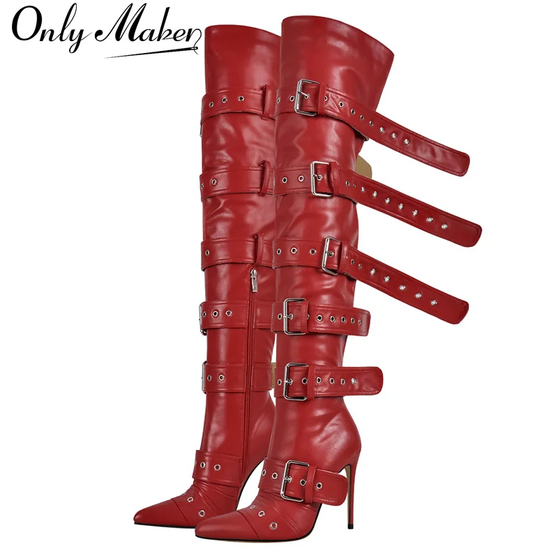 

Onlymaker Women Pointed Toe Red Over The Knee Boots Buckle Strap Thin High Heel Lady Zipper Female Thigh High Stiletto Boots