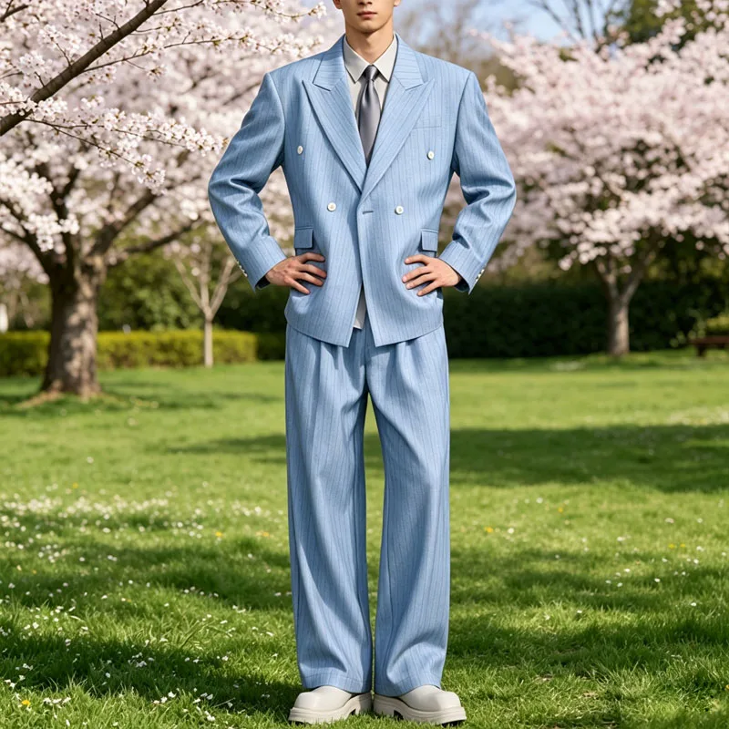 Men's Pinstripe 2-Piece Suit Notch Lapel Jacket Loose Fit Double Breasted Blazer Wide Leg Trousers for Formal Business Casual image 3