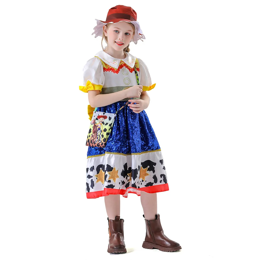 

Movie Cowgirl Jessie Cosplay Costume Girls Short Sleeve Dress Halloween Performance Outfits Purim Carnival Party Fancy Dress Up