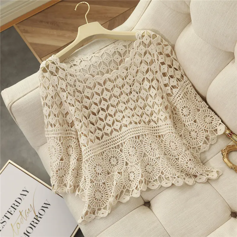 Summer hollow lace t shirt women half-sleeved shirt Western-style top loose all-match blouse sunscreen beach t shirt female