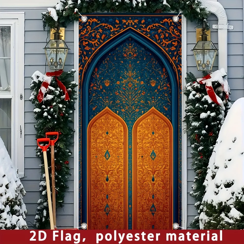 

Винтажный исламский дверной флаг с сине-золотым арочным принтом, полиэстеровая накидка на дверь, богемный настенный декор для спальни и гостиной