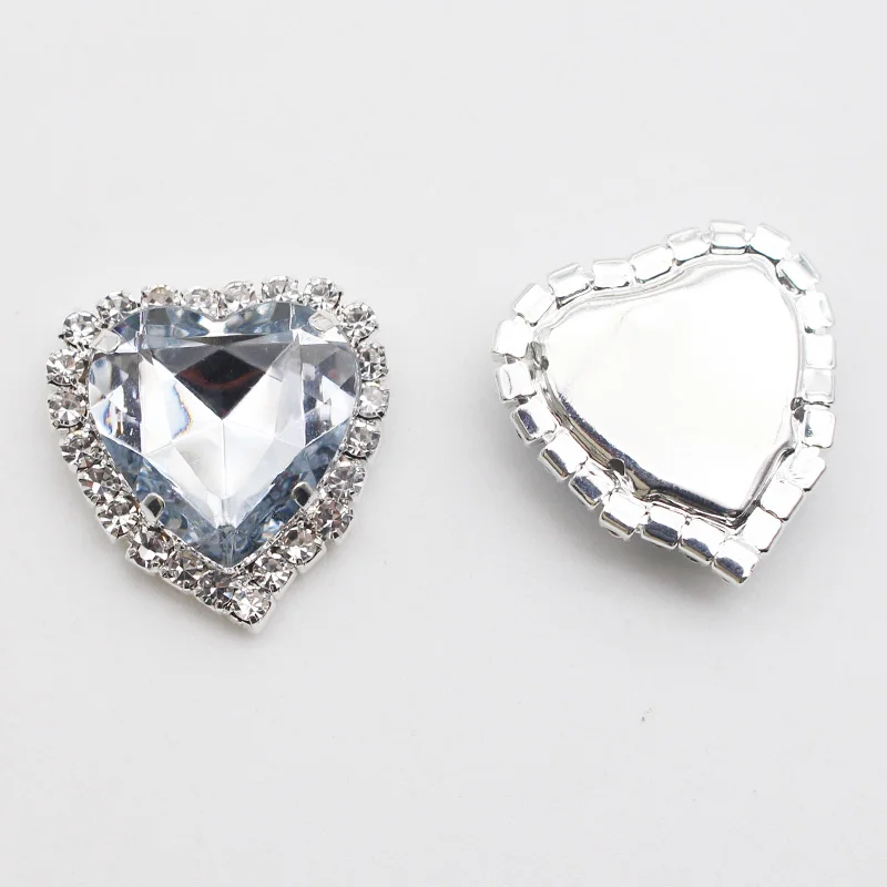 Silver Color 25mm Heart-shaped Acrylic Flat Bottom Rhinestone Jewelry DIY Metal With Holes Sewing Decorative Accessories