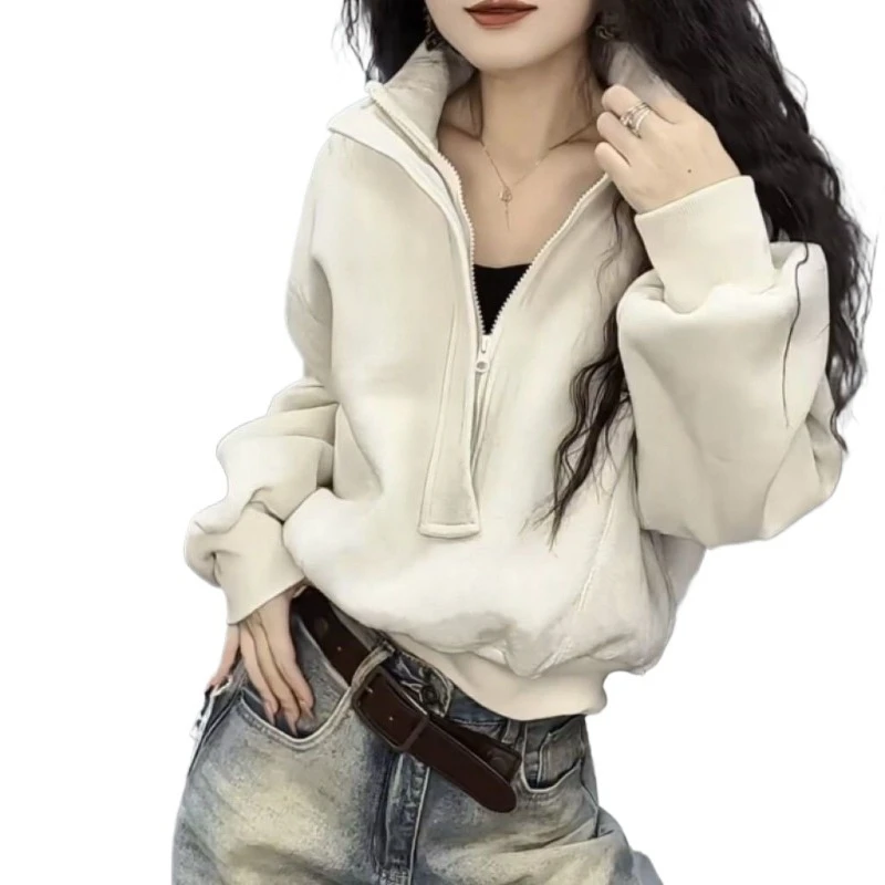 High-quality Foreign Style Velvet Versatile Zipper Sweater American Autumn Stand-up Collar Thickened Loose Meat-covering Short