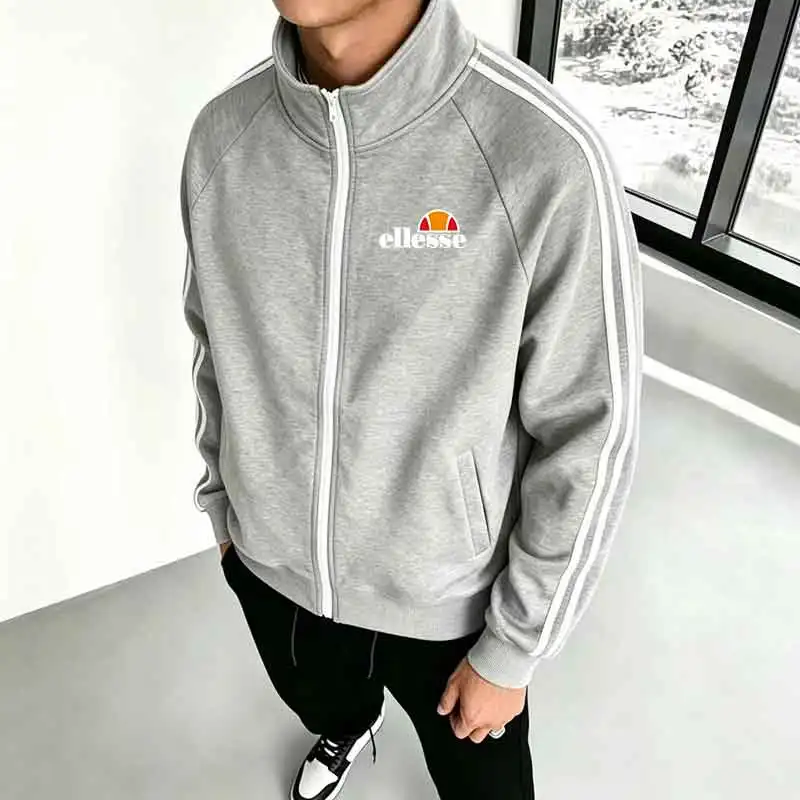 Men Stand Collar Zip Up Jacket Striped Long Sleeve Sport Outerwear Casual Running Training Track Coat