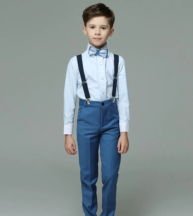 Prince Boys Summer Blue Wedding Suit Kids Shirt Suspender Pnats Bowtie 4PCS Formal Child Photography Costume Teenager Uniform