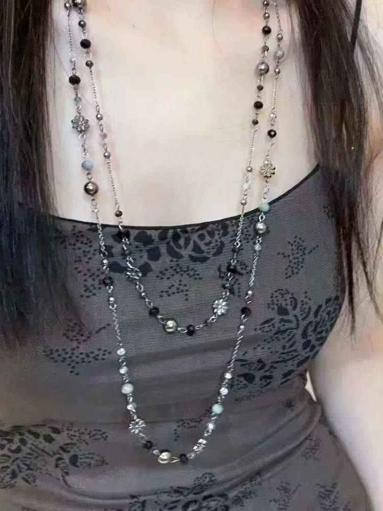 Retro Doppelschichtige Kettenkette für Damen, Böhmischer Vintage-Stil, Lange Ethnische Halskette mit Bunten Blumenperlen – Detail 7
