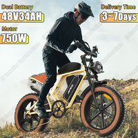 Electric Bike 750W Brushless Motor 48V34AH Dual Lithium Battery Electric Bicycle 20*4 Inch All Terrain Fat Tire Mountain E-bike
