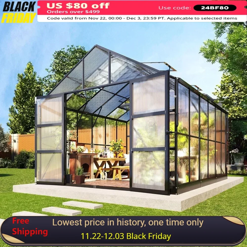 10x12x8.4 FT Greenhouse with 4 Roof Vents & Rain Gutter, Outdoor Heavy Duty Aluminum Polycarbonate Greenhouse