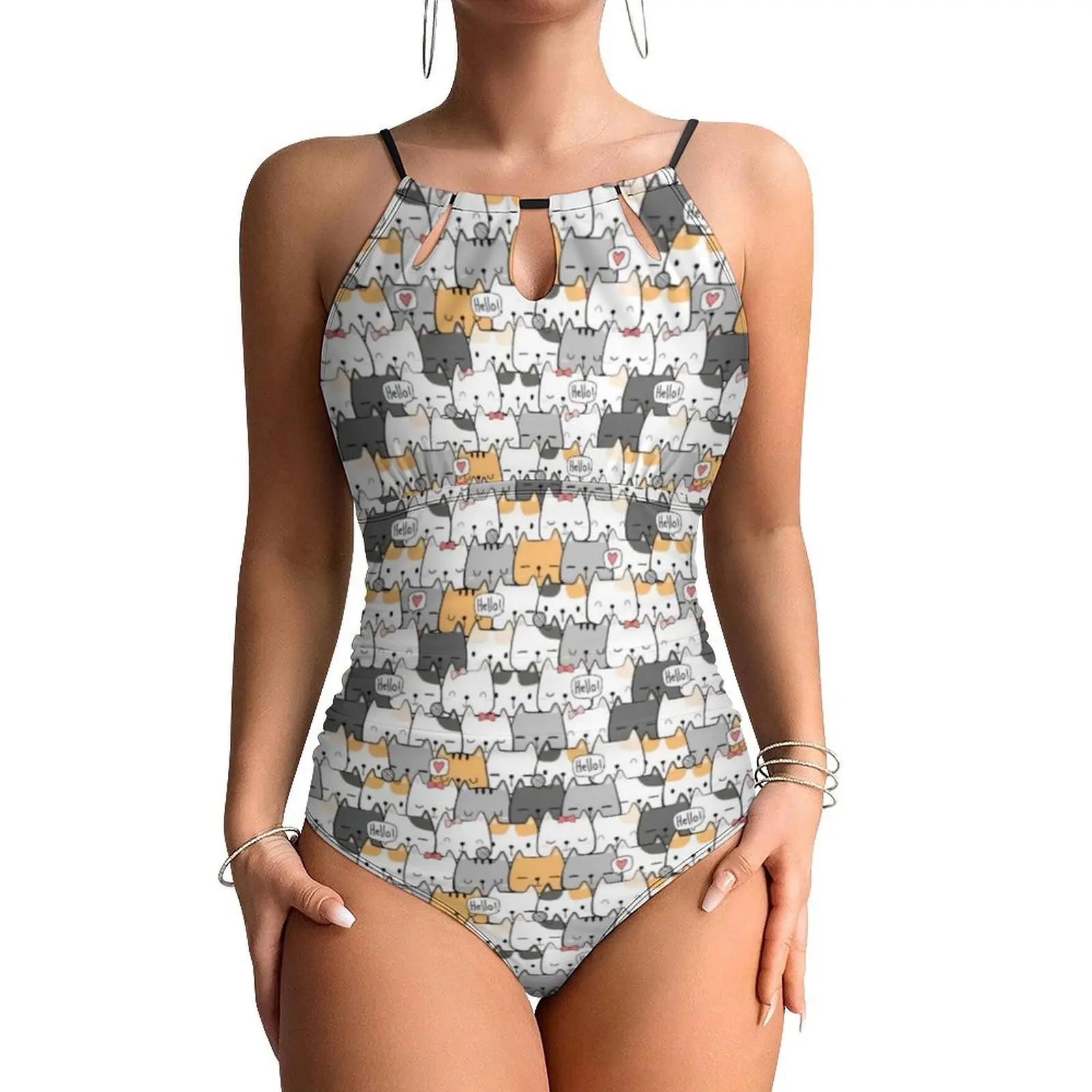 Cute Cats Swimsuit Funny Animal Swimwear One-Piece Vacation Bath Design Bodysuit Halter Bathing Suit Push Up Sexy Beachwear