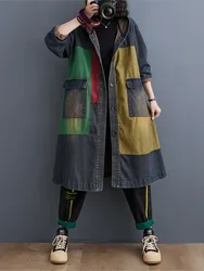 Oversized Autumn Denim Long Hoodies Trench Coat Women Modis Print Patchwork Ladies Windbreaks Casual Loose Woman Trench 2023