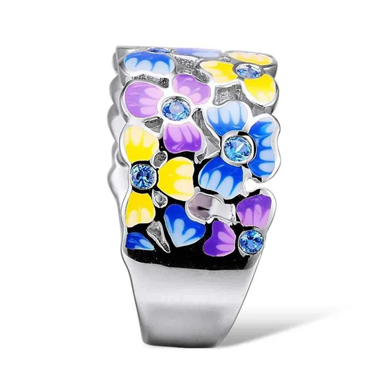 Delicate Elegant Silver Colors Flower Rings for Women Trendy Metal Inlaid Blue Stone Wedding Engagement Jewelry