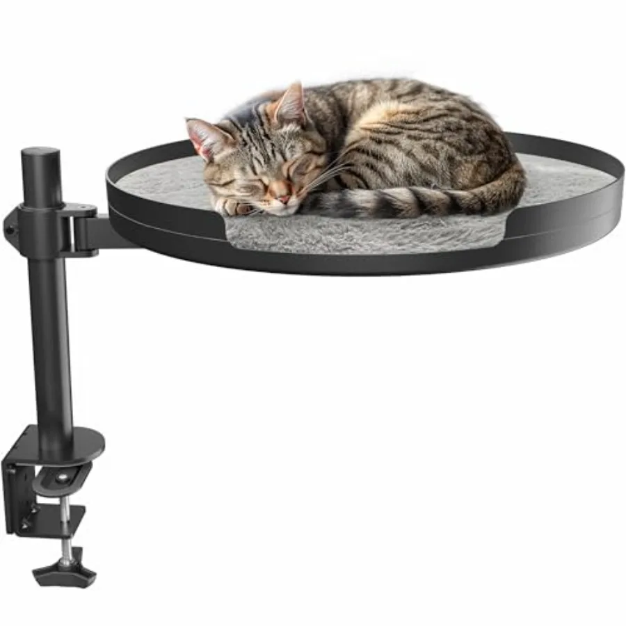 

Clamp-on Round Cat Bed for Home Office Desk: Black Steel Faux Fur Height Adjustable 360 Rotating Perch 44 lbs Capacity