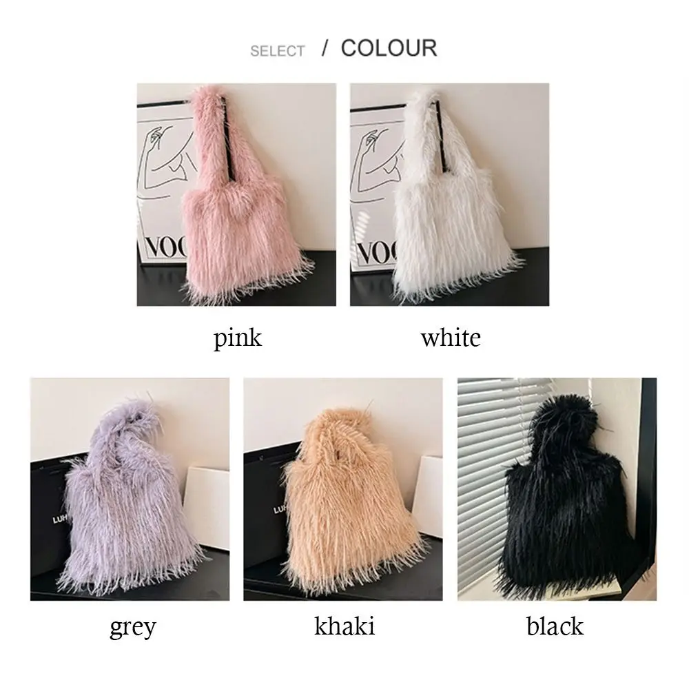 Trendy Long Tassel Shoulder Bag Plush Faux Fur Tote Handbag Large Capacity Furry Underarm Bags for Female