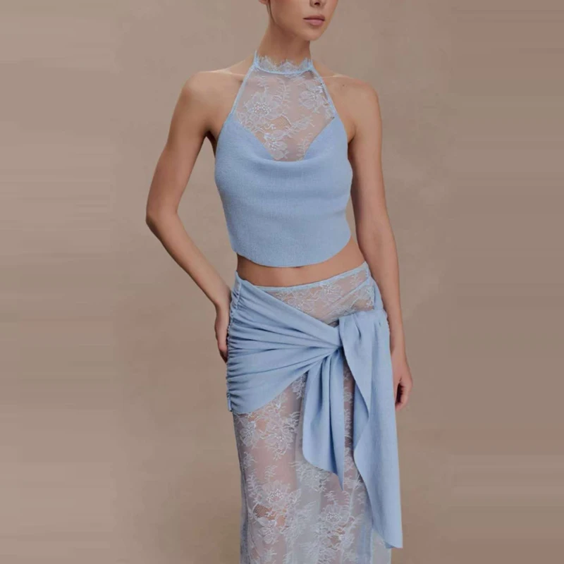 

Lady Solid Color Hollow Out Set Fashion Lace Spliced Knitted Halter Tops&Half Skirts Set Summer Bohemian Vacation Two Piece Sets