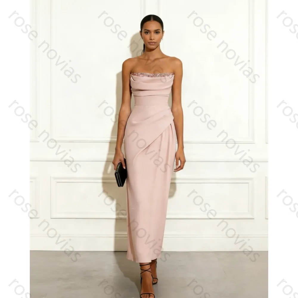 

Pink Evening Gown Strapless Rhinestone Ruched Satin Bodycon Midi Dress for Women Prom Cocktail Party Wedding Guest Bridesmaid