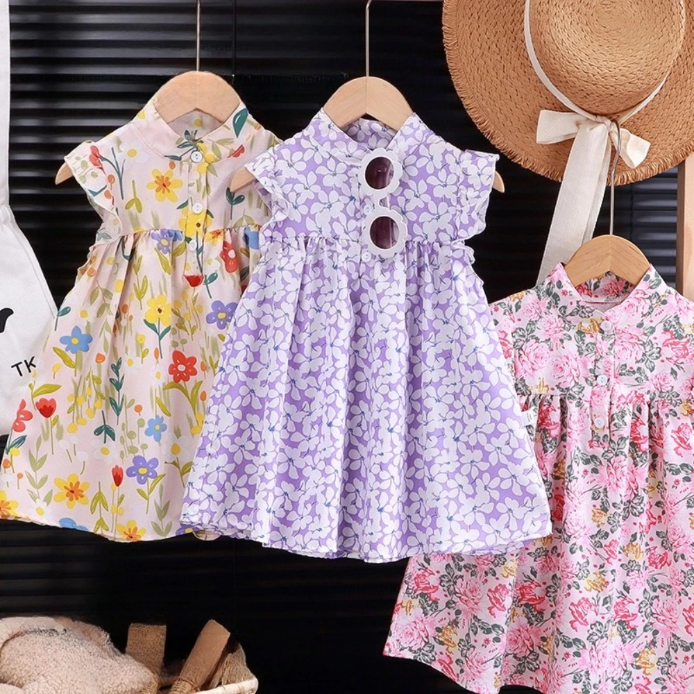 

Summer New Girls Clothes Sleeveless Pleated Edge Single Breasted Printed Princess Dresses Holiday Casual Children's Clothing