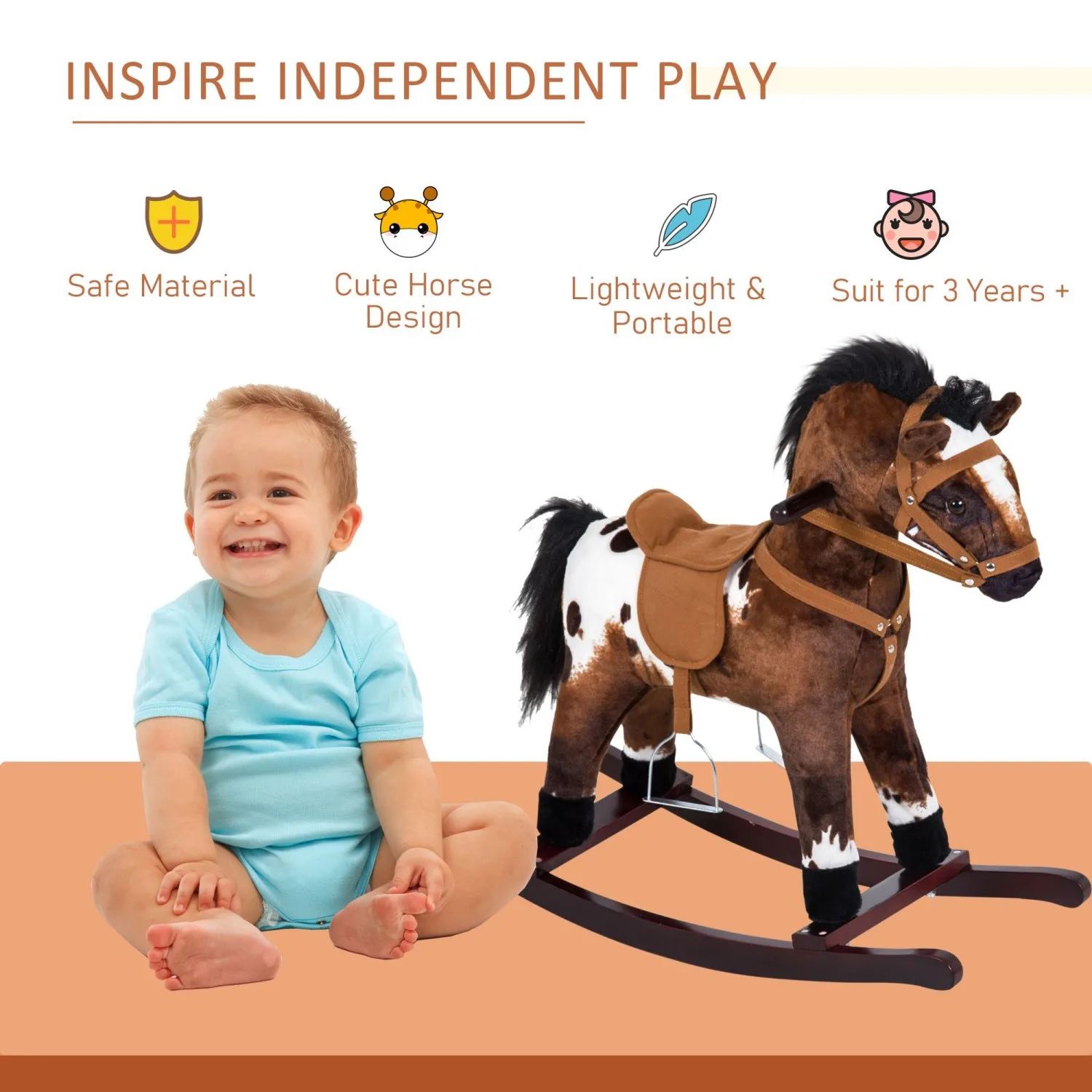 Qaba Rocking Horse Kids Plush Ride-On Toy Nursery Rhyme Music 18-36 Months Light Brown White Perfect Gift for Toddlers