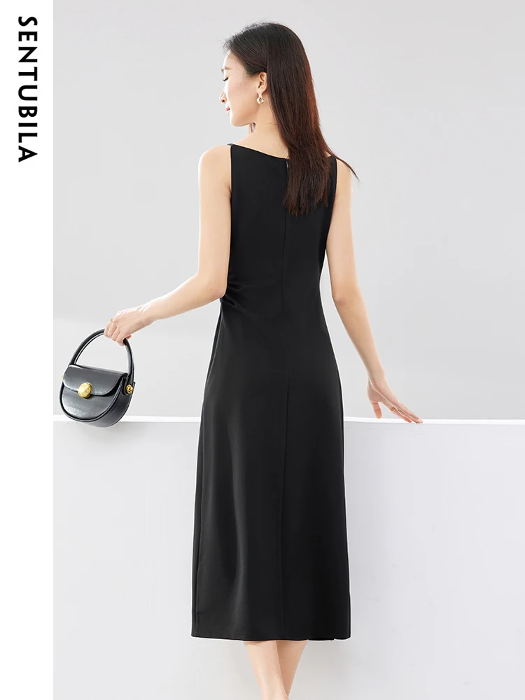 SENTUBILA Ruched Black Dress Women 2024 Spring Summer Party Slim Temperament Slash Neck Sleeveless Lady Midi Dresses Q33L52443