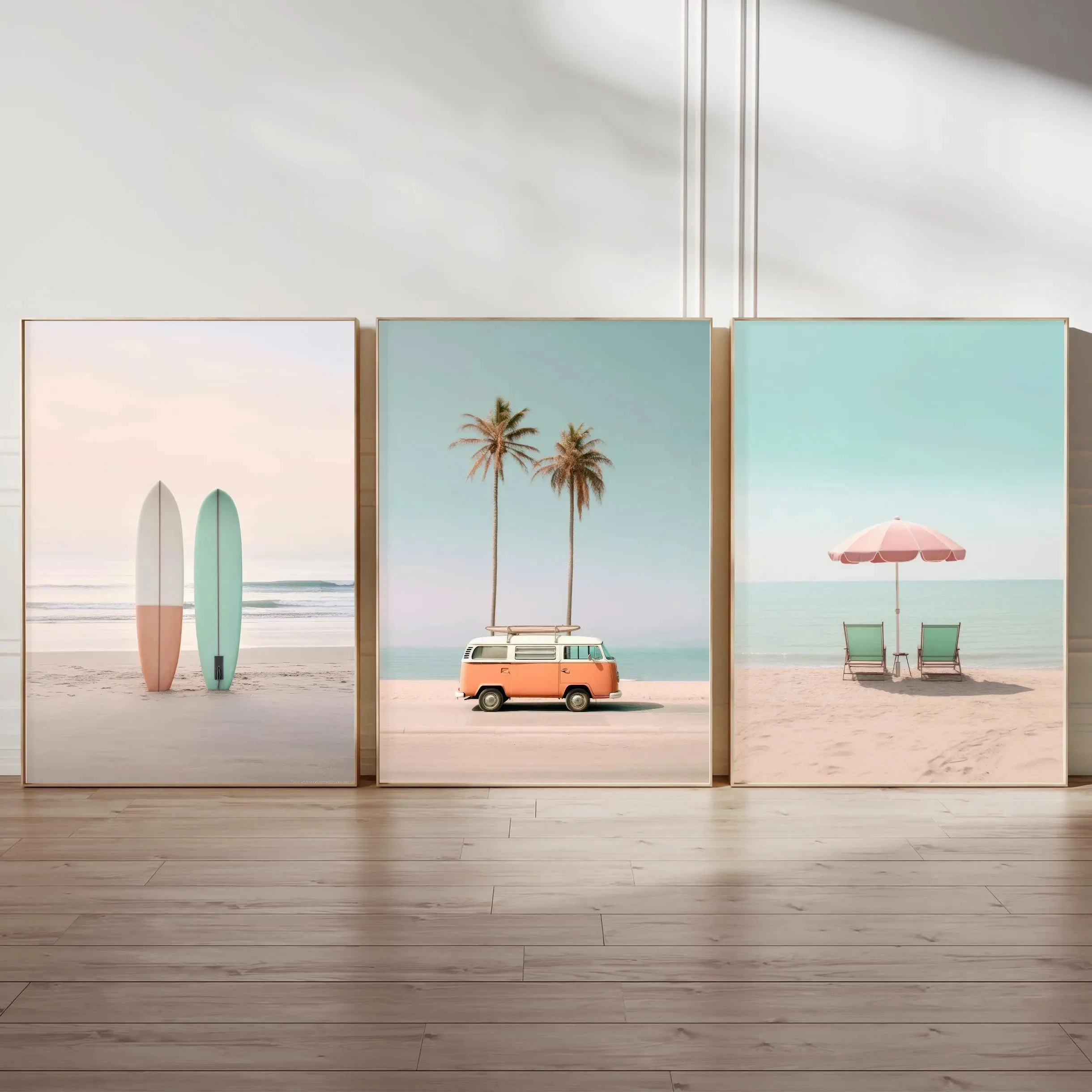 1/3 Stück Retro Sommer Surfing Strand Leinwanddruck Pastellfarbenes Surfbrett Bus Wandkunst Poster für Moderne Küsten-Schlafzimmer Heimdekoration