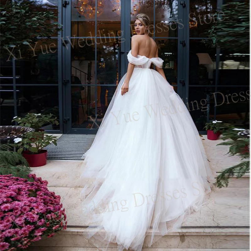 2024 Graceful Sweetheart A Line Women's Wedding Dresses Lace Appliques Bride Gowns Off The Shoulder Sleeveless Tulle Vestidos