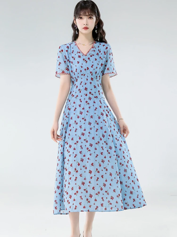 Damska Niebieska Sukienka Letnia w Kwiaty z Krótkim Rękawem, Dekolt V, Elegancka, Codzienna Sukienka w Stylu Boho, Rozkloszowana Sukienka A-Line, Nowa Koreańska Sukienka Bodycon Jednoczęściowa 2025