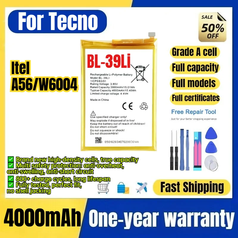 BL-39Li for Tecno Itel A56/W6004 Phone Battery 0 Cycle High Quality Capacity Battery Replacement Bateria Grade A Cell with Tools