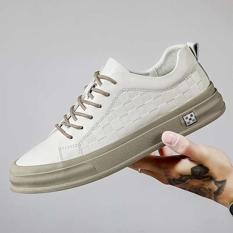 Casual Spring Loafers Shoes Platform Slip on For Men Leather Sneakers New Comfort Flat Walking Skateboarding Boots White