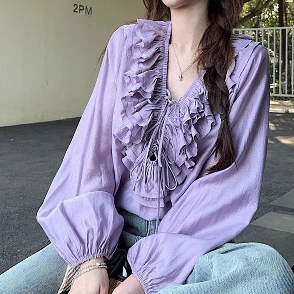 

Женская рубашка с v-образным вырезом и французскими рюшами на шнурке, новинка весны 2020, уникальная шикарная рубашка с длинными рукавами