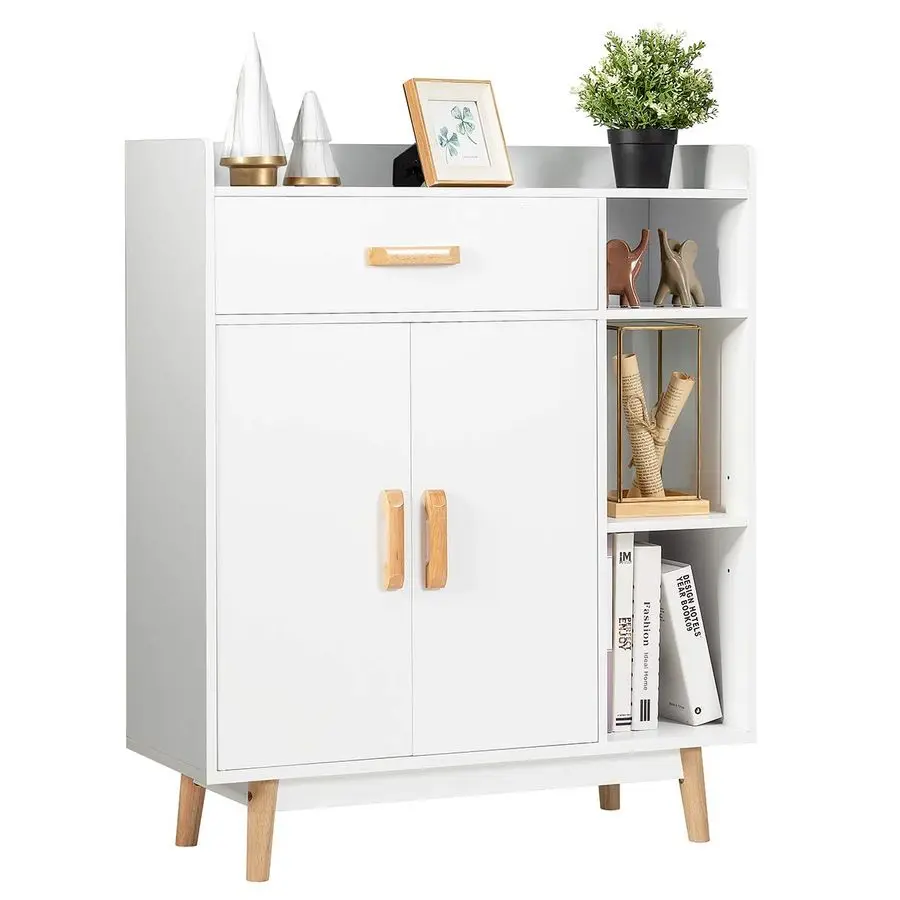 

Floor Storage Cabinet, Freestanding Cupboard with 1 Drawer, 2 Doors, 3 Shelves, 4 Rubber Wood Legs, Sideboard, Entryway Unit fo