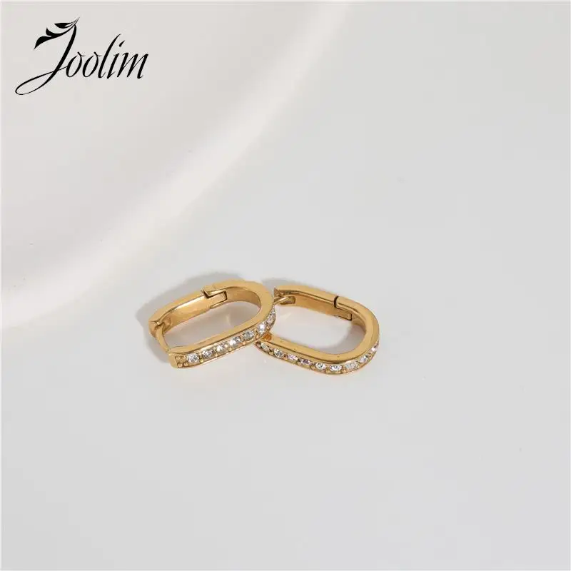 

Joolim Jewelry Drop Shipping High End PVD Waterproof Light Luxury Oval Zircon Huggie Stainless Steel Earring Designer For Women