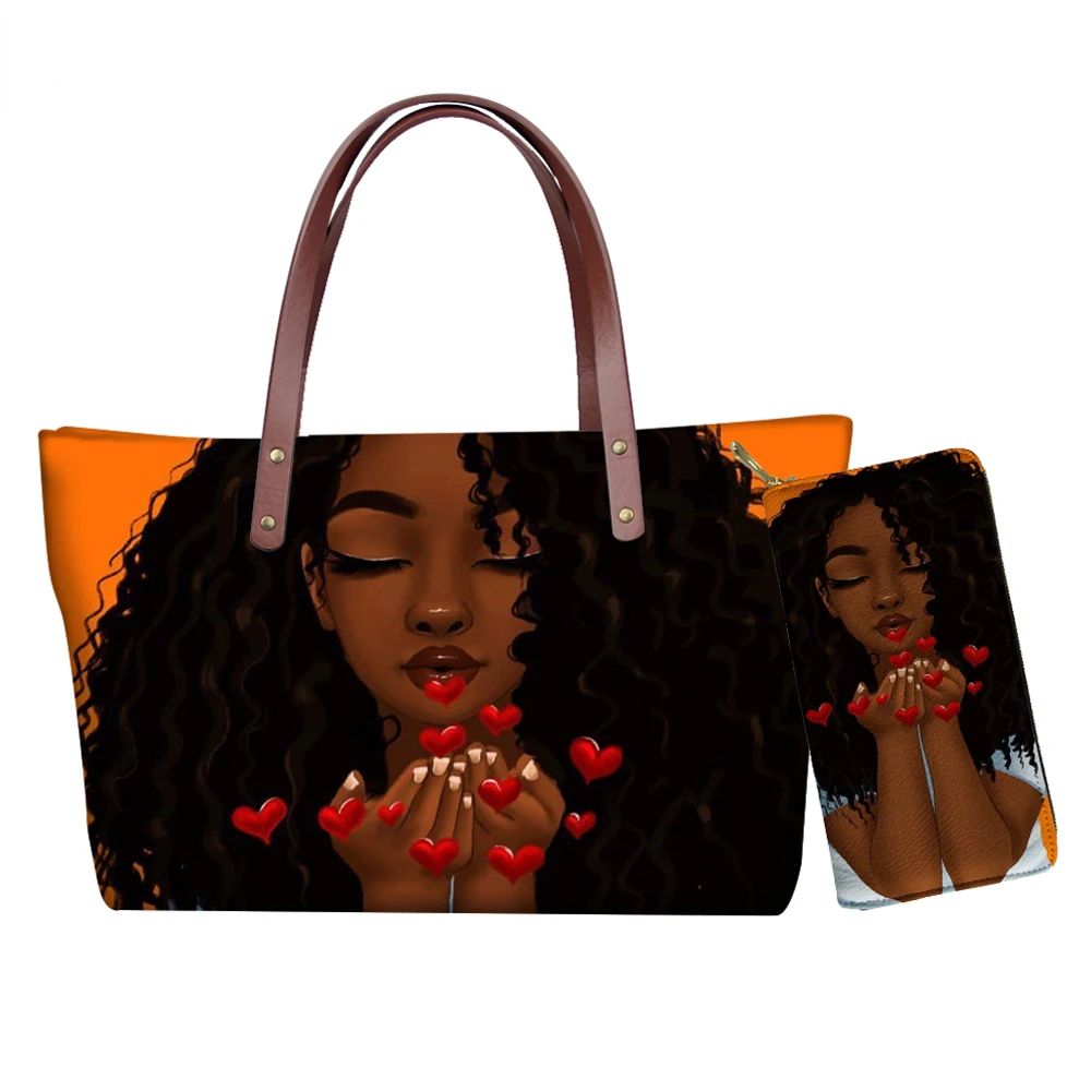 Custom Afro Art Black Girls Print Females Tote Bag 2pcs Handbags Set for Women Beach Bags Ladies Hand Bag with Purse Bimba