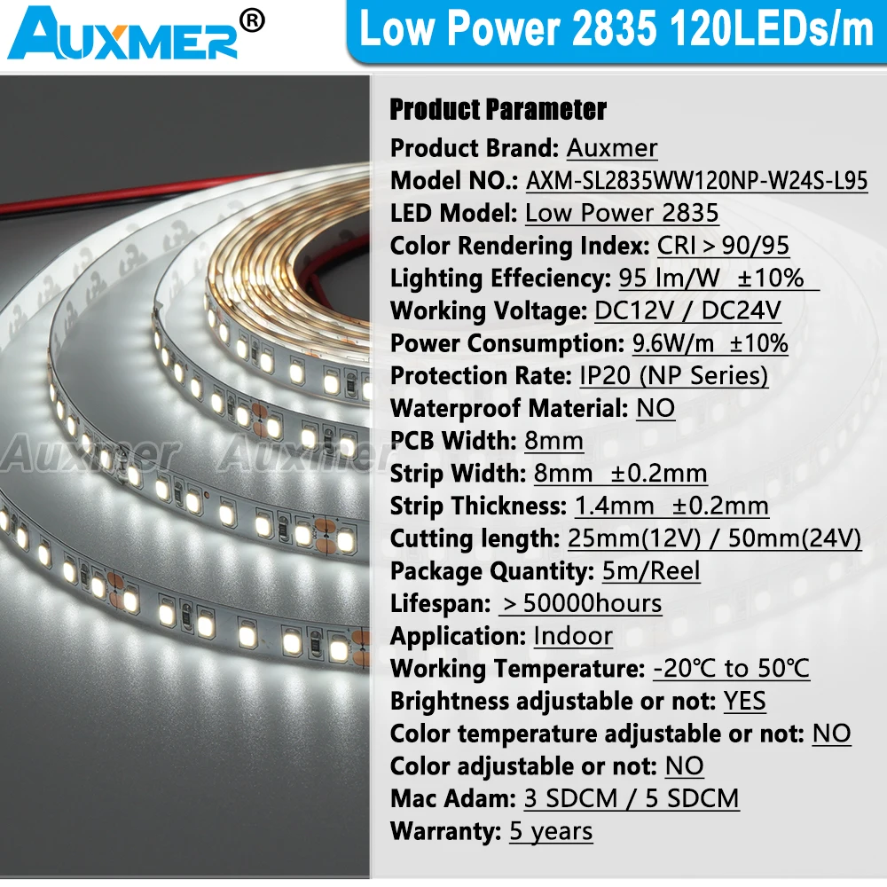 Low Power 2835 LED Strip Lights 120LEDs 9.6W/m,CRI90/95+ IP20 DC12/24V White LED Light Strip Dimmable for Room Decor,UnderCabint