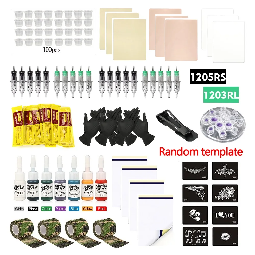 Tattoo Supply Kit Complete For Beginner Lips Eyebrow Ink Cup Practice Skin Stencil 20pc Tattoo Cartridge Needle Accessories Set