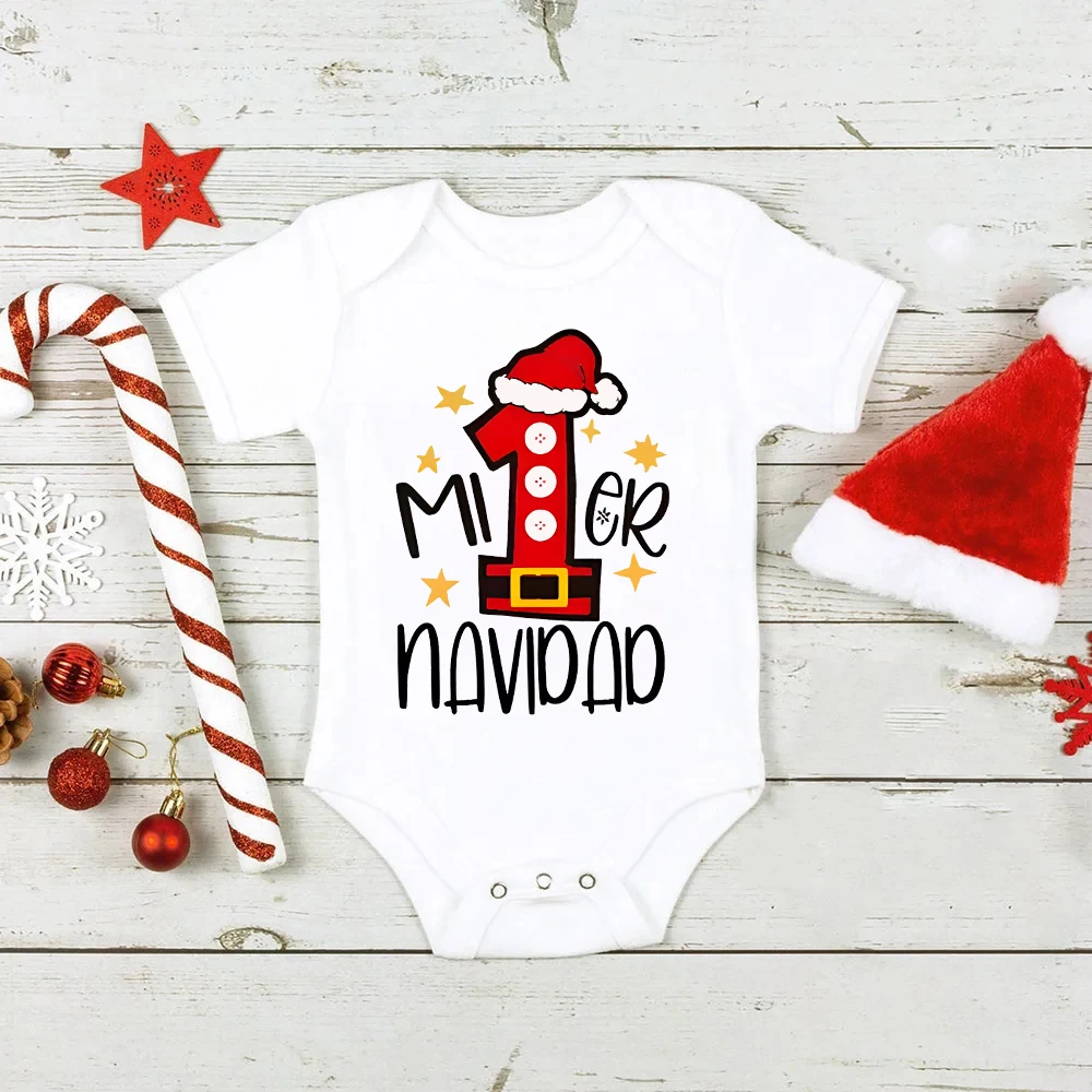 My First Christmas Newborn Bodysuit Baby Short Sleeve Romper Spanish Printed Infant Baptism Outfits Toddler Xmas Party Clothes