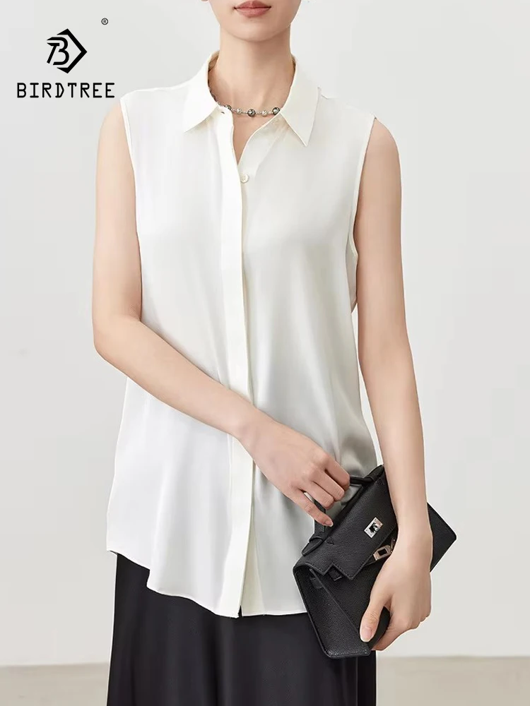 

BirdTree,Women Sleeveless Solid,Commute Fashion OL Vest Blouses,90%Natural Silk Elegant Shirts,2024 Summer Autumn T48315QC