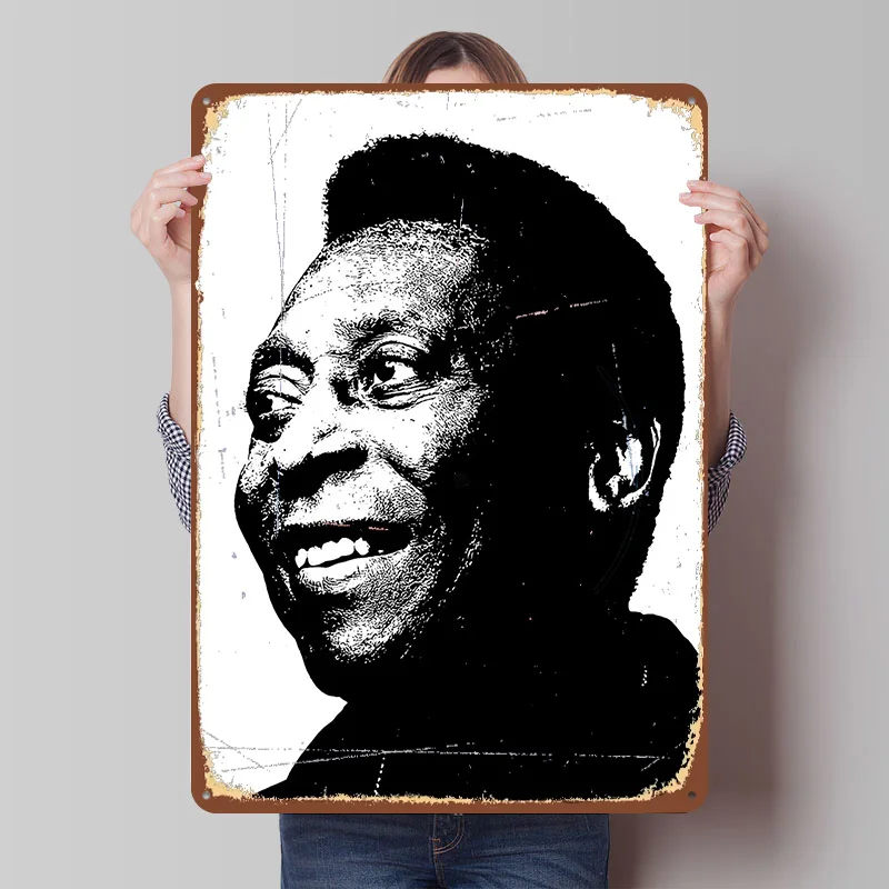 Pele Black and White Portrait Printed Poster Customized Wall Art Retro Vintage Metal Tin Signs for Home Setup Decorations Decor
