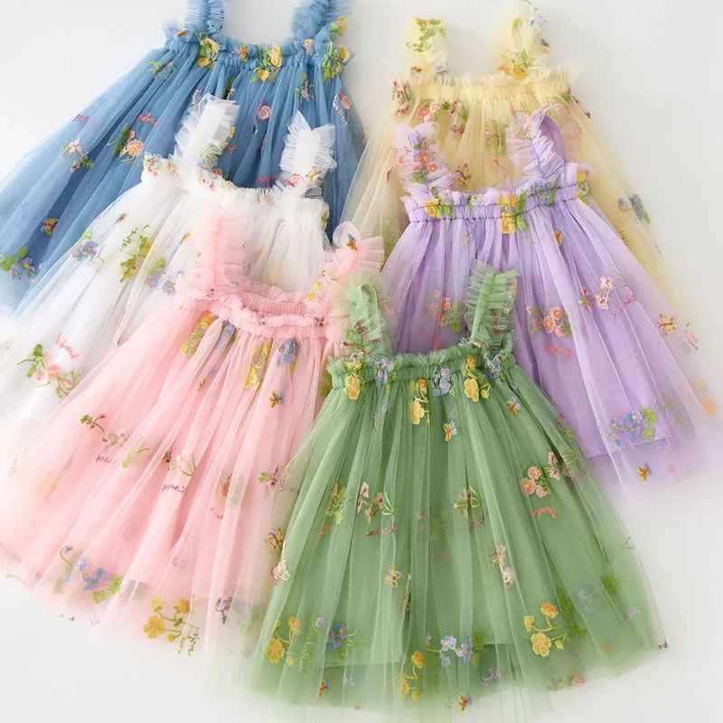 

Cute Toddler Girls Mesh Suspender Bow Dress Sleeveless Tulle Tutu Princess Dress Summer Baby Girls Embroidery Flower Casual Wear