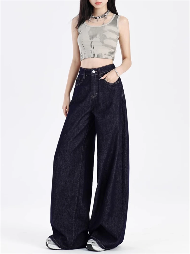 Damskie luźne spodnie jeansowe z wysokim stanem i głębokim stanem Cool Girl Solid Color Straight Pants Female Casual Loose Wide Leg Jeans