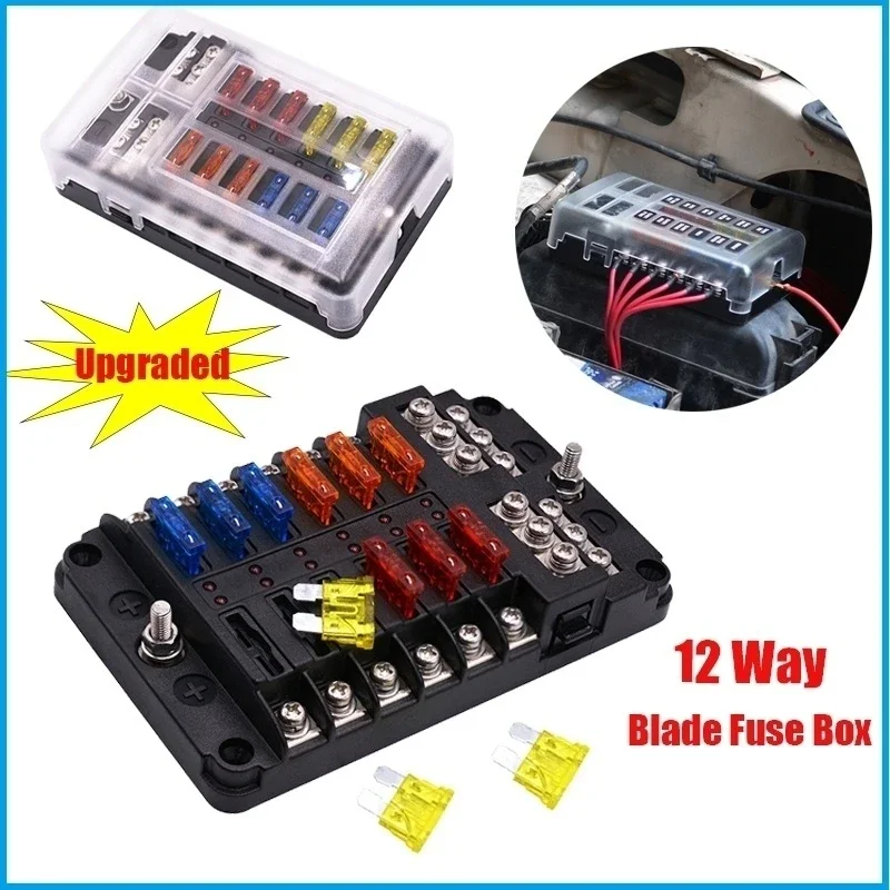 

12 Way Blade Fuse Box Holder Standard Circuit Fuse Holder Box Switch Covers Block with LED Light Indication Protection Cover