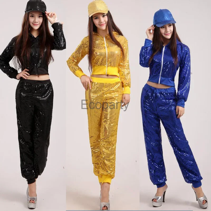 New Women Sequins Jazz Dance Modern Cheerleading Costume Hip Hop Dancing Wear Tops Pants Set Party Performance Outfits Clothes