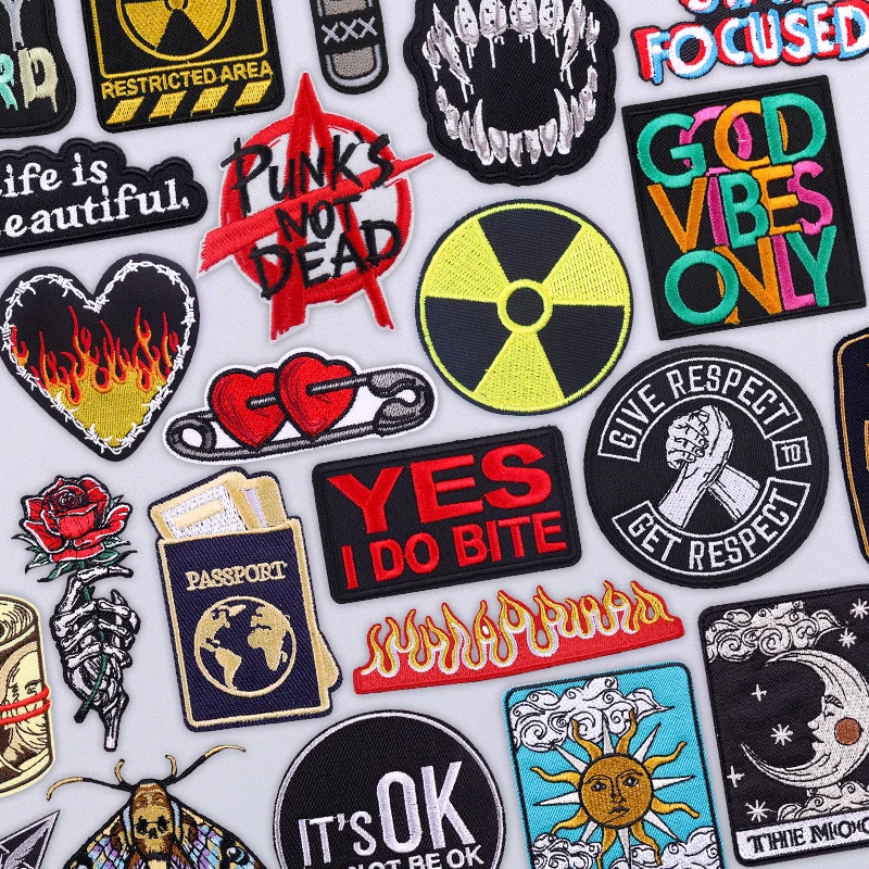 Punk Rock Iron On Patches For Clothing Metal Band Sewing Embroidered Patches On Jacket Backpack Black Letter DIY Appliques Logo