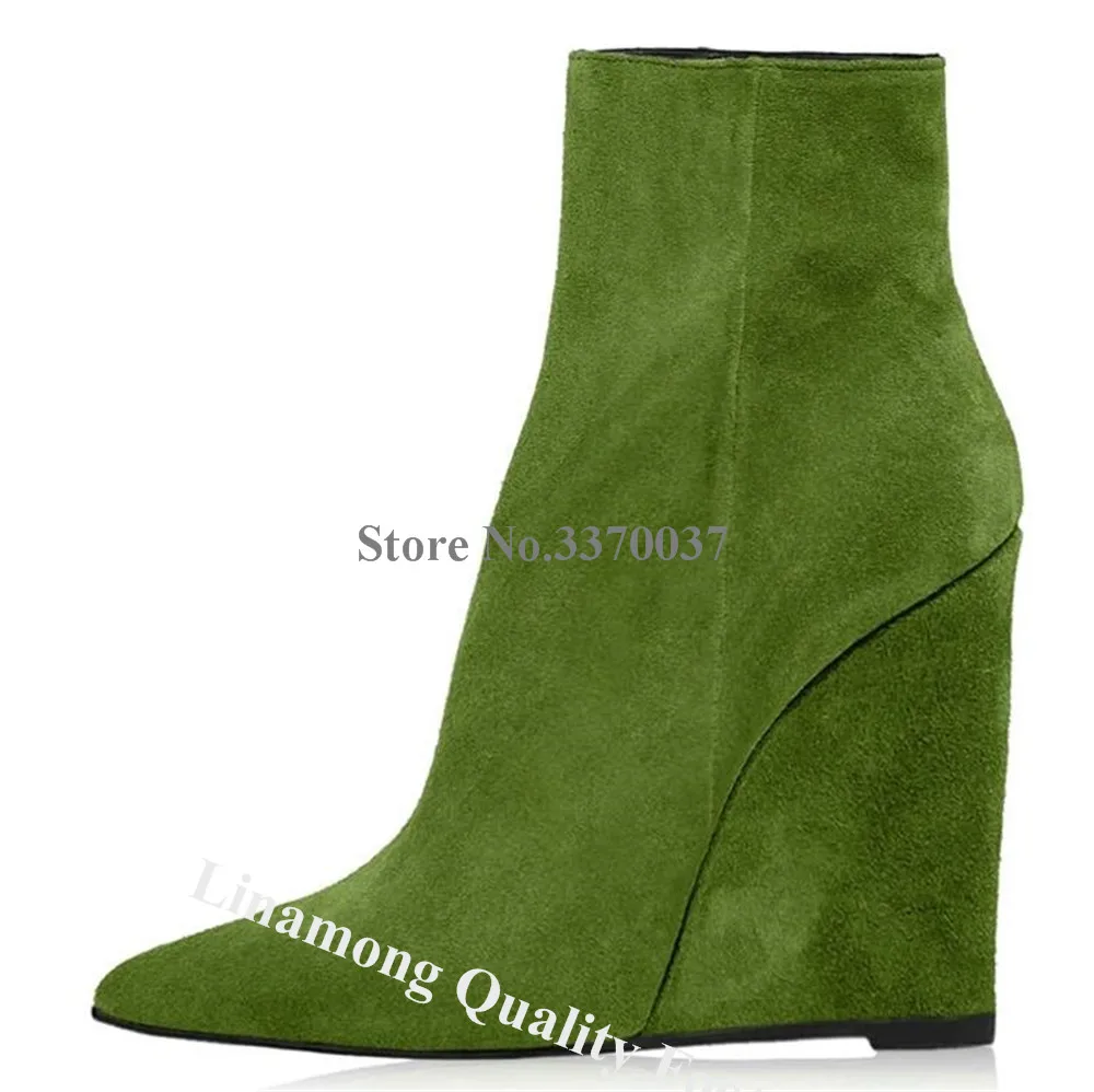 Linamong Elegant Suede Wedge Short Boots Pointed Toe Purple Green Brown Zipper-up Wedge Ankle Booties Big Size Wedges