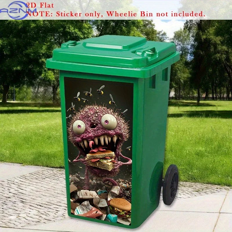 Monster Eating Trash Can Sticker - Scary Monster with Big Eyes & Sharp Teeth, Glossy PVC Self-Adhesive Decal for Plastic/Glass