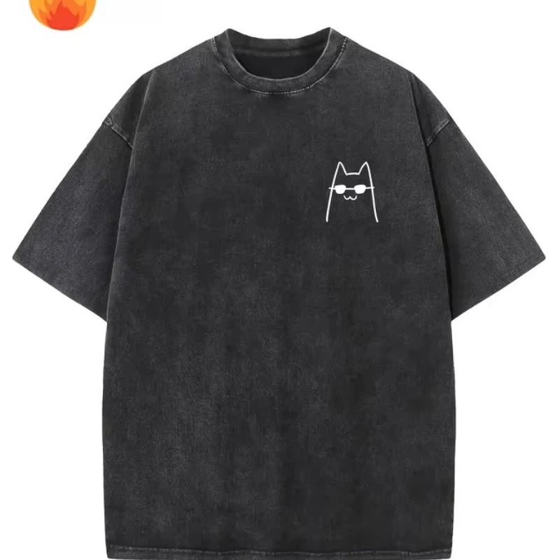 Vintage Washed T Shirt Funny Cat Sunglasses Graphic Tee Heavy Cotton Acid Wash Streetwear UPS/FEDEX Air, 3-5Day Delivery