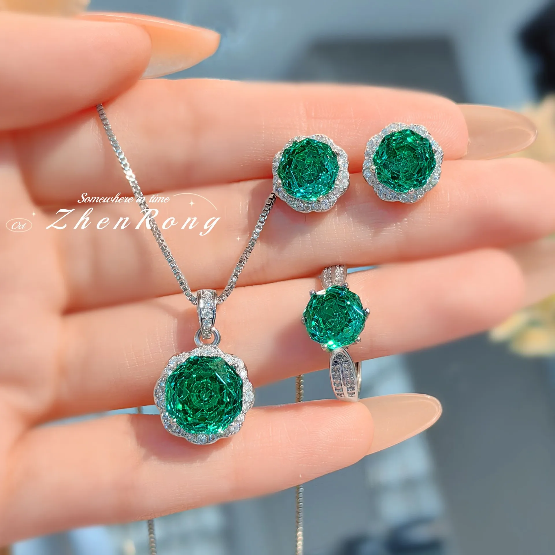 Luxury Silver Color Jewelry Sets For Women Rose Flower Cut Green Crystal Pendant Necklaces Stud Earrings Rings Wedding Set